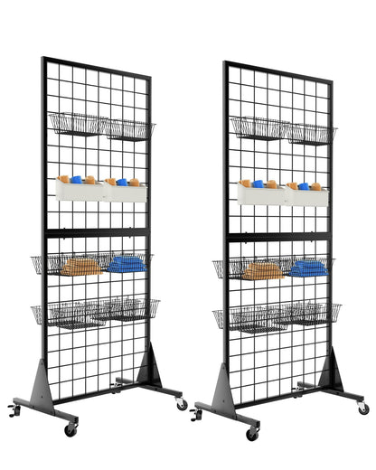 QKOSMTL 2-Pack Gridwall Panel Display Stand, 2'x5.5' Heavy Duty Floor Standing Rack with Detachable Girdwall, Movable Silent Wheel, Easy to Transport, Ideal for Retail & Craft Fairs