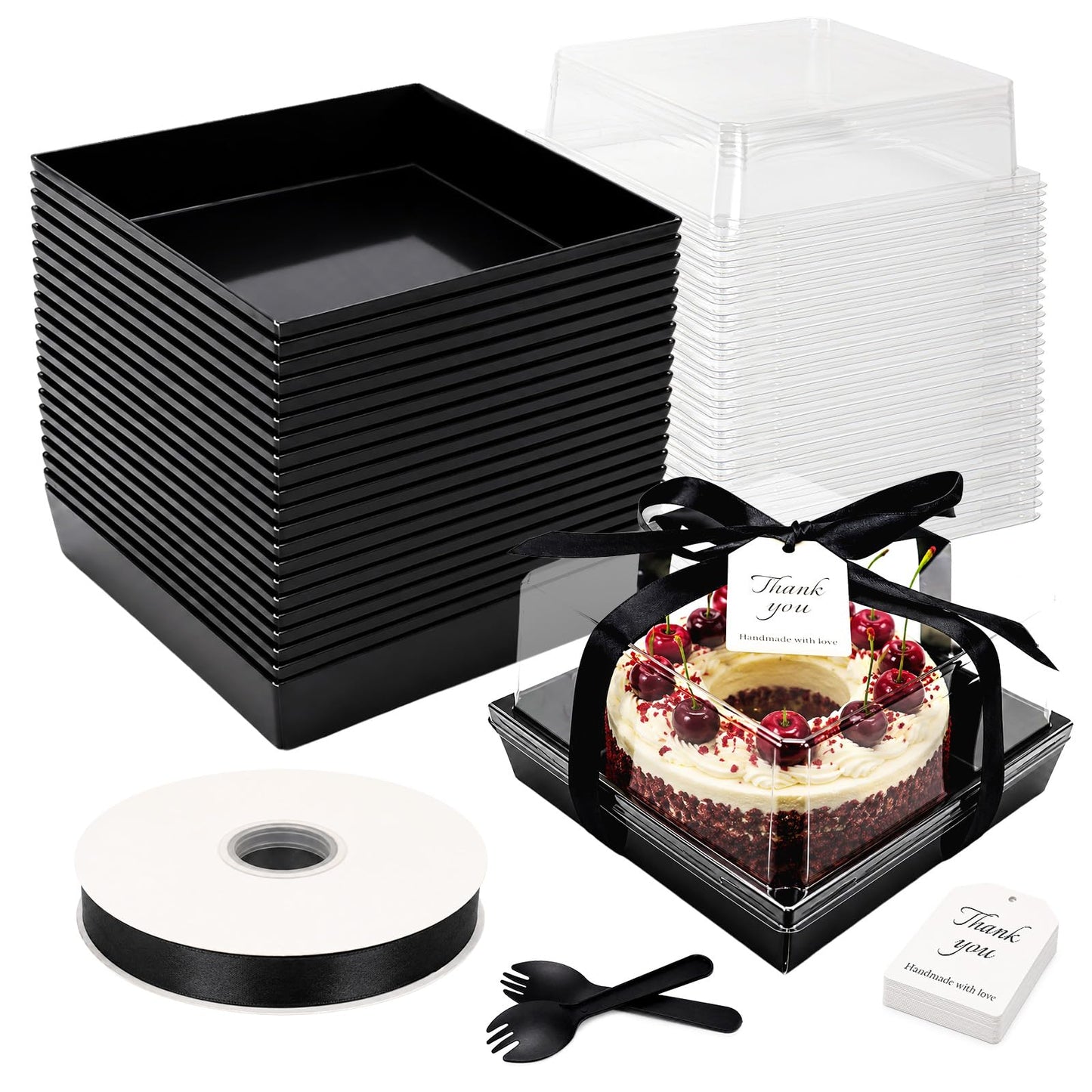 DeziWood 7 x 7 x 4 Inches Paper Cake Boxes with Clear Lids, 50 Pack Black Large Charcuterie Square Food Containers, Halloween Day Disposable Bakery Boxes for 4-6 Inch Bundt Cake, Pie, Dessert