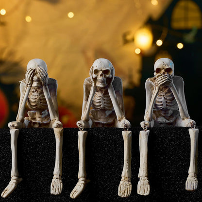 HOLIHIFI Halloween Skeleton Decor Indoor Hear See Speak No Evil Skeletons for Mantel Shelf, Set of 3 Resin Funny Skeleton Decorations
