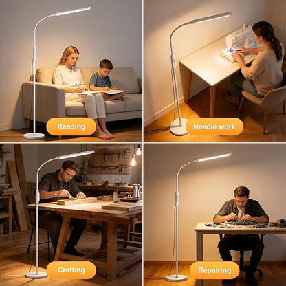 Bright LED Eye-Protecting Reading Floor Lamps with Touch and Remote Dimming 3000-6000k for Eyelash Manicure Craft Drawing Makeup Living Room Bedroom Office, Adjustable Gooseneck Modern Standing Light