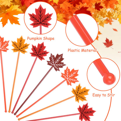 Bokon 30 Pcs Coffee Stirrers Maple Leaf Swizzle Sticks Plastic Cocktail Swizzle Stick 7.5" Reusable Coffee Stirrer Stir Sticks for Thanksgiving Party Christmas Wedding (Orange,Red)