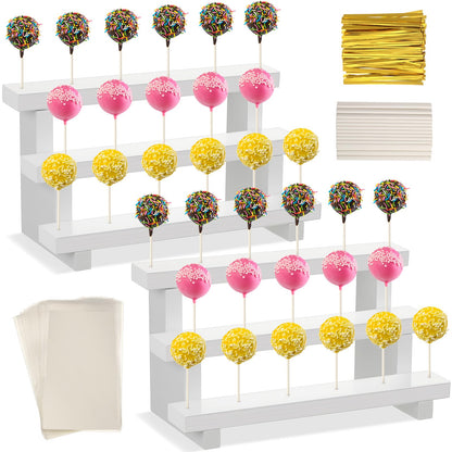 Tuanse 2 Pack Wooden Cake Pop Stand 3 Tier Cake Pop & Lollipop Display Holder with 100 Treat Bags Lollipop Sticks and Gold Twist Ties for Dessert Table Wedding Baby Shower Birthday Party(Wood)