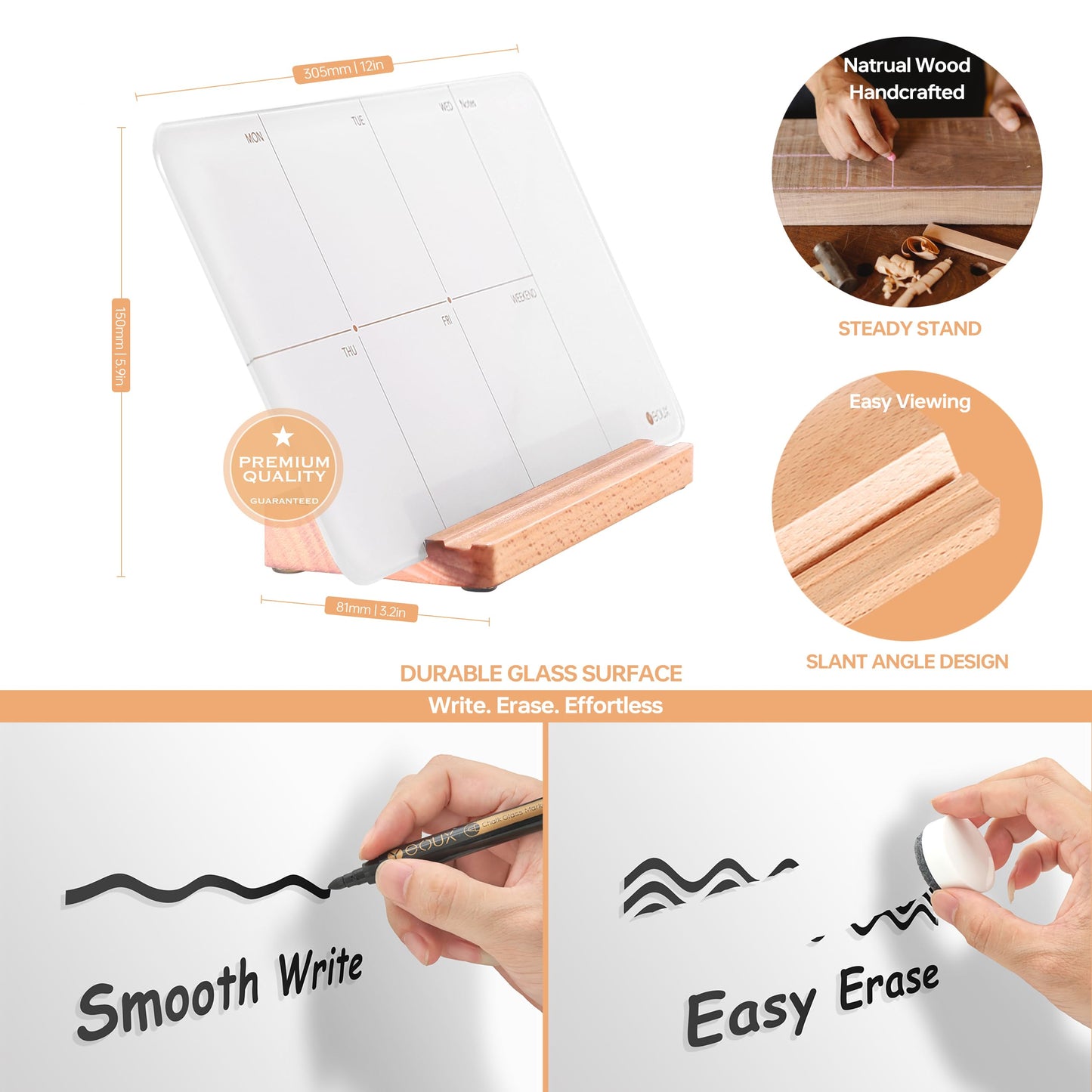 Desktop Glass Weekly Planner Whiteboard with Detachable Wood Stand,Small Portable Dry Erase Calendar to Do List White Board 12x6 for Office, Home, Schools, Marker&Eraser Included, Yeoux