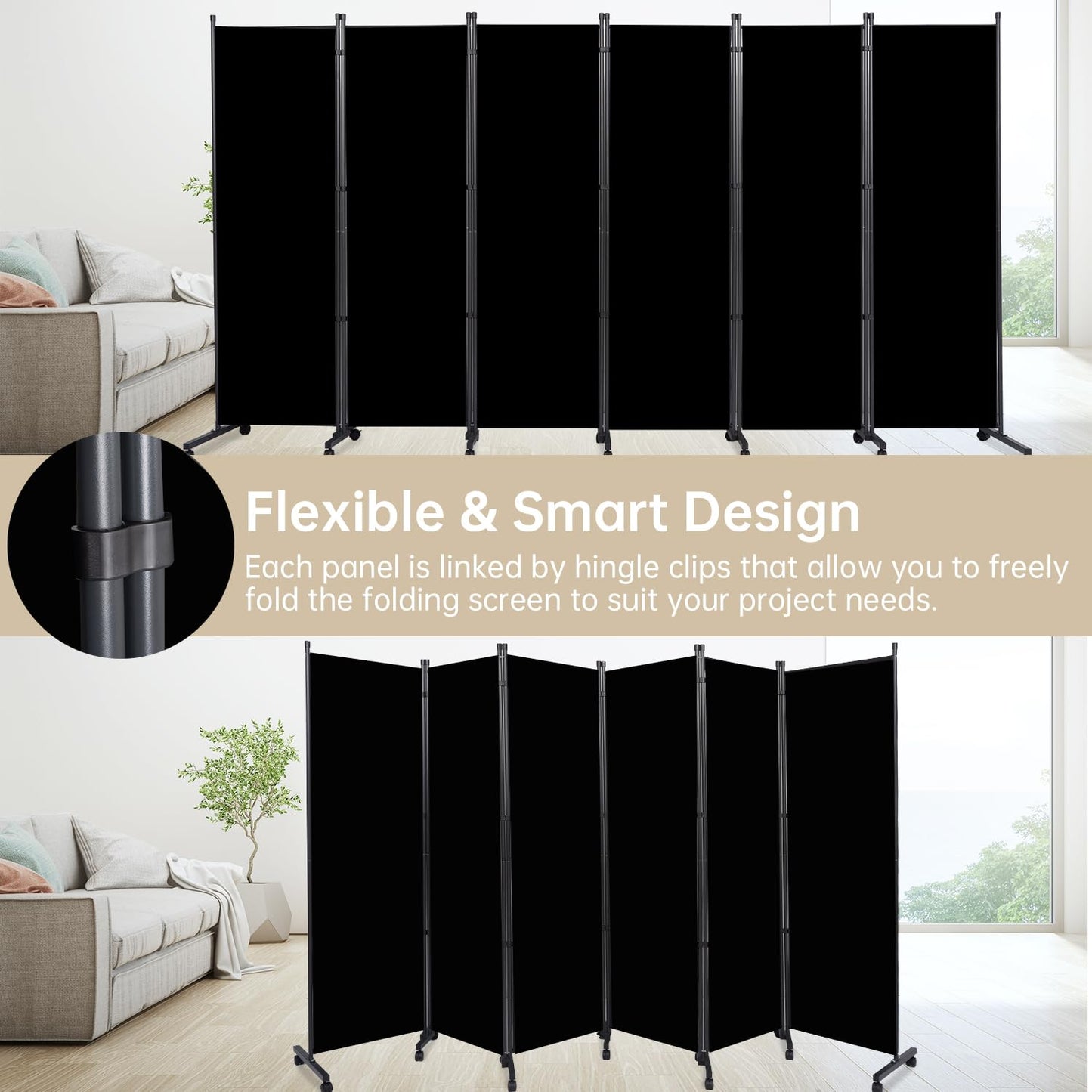 Room Divider Large 6 Panel Privacy Screen,Portable Room Partition on Wheels