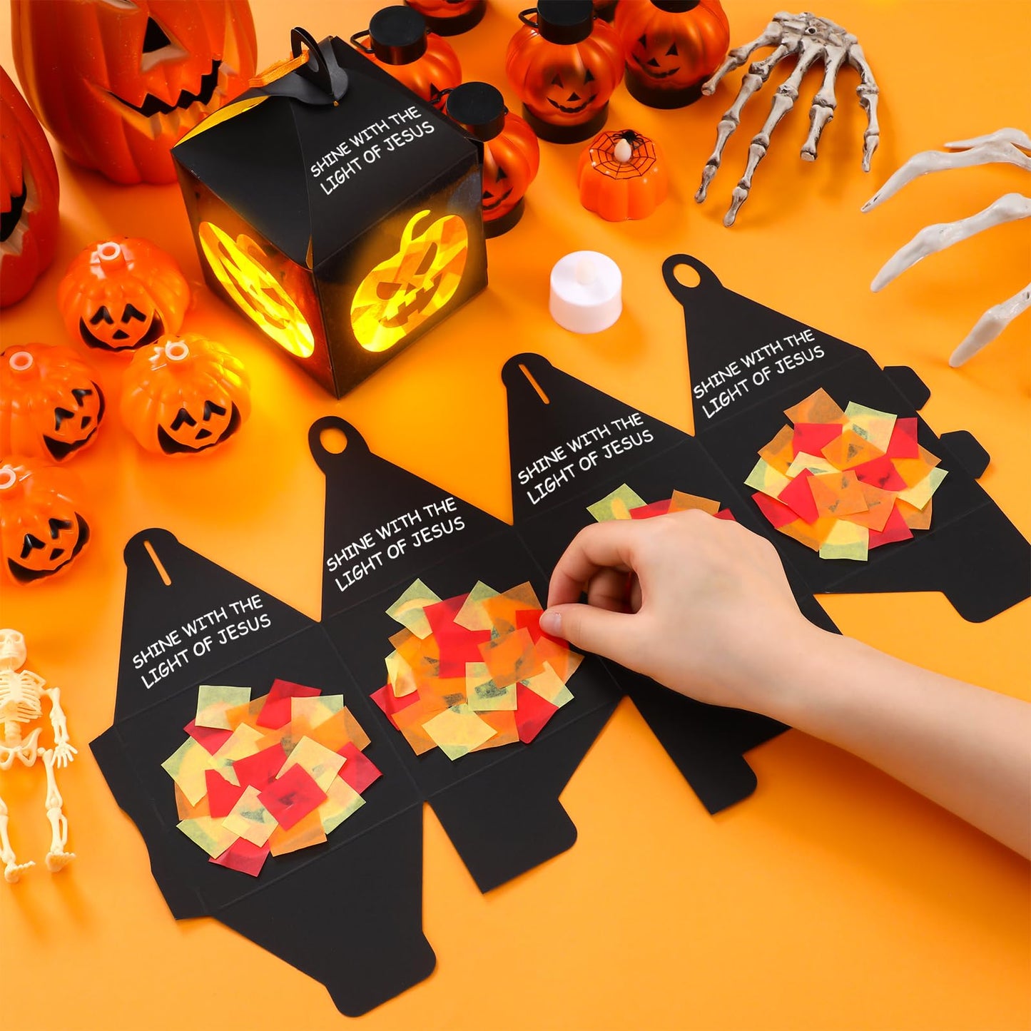Simgoing 12 Sets Halloween Jack-O-Lantern Crafts with LED Candlelight Christian Shine with the Light of Jesus Tissue Paper Crafts Kits DIY Religious Hanging for Halloween Party Decors
