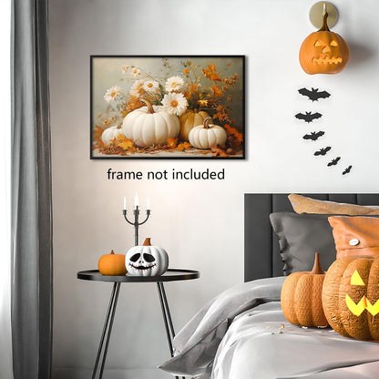 Farmhouse Autumn Pumpkin Canvas Wall Art, White Orange Pumpkins Still Life Painting Pictures, Rustic Farm Fall Daisy Flower Posters, Halloween Thanksgiving Autumn Wall Print Decor 16x24in Unframed