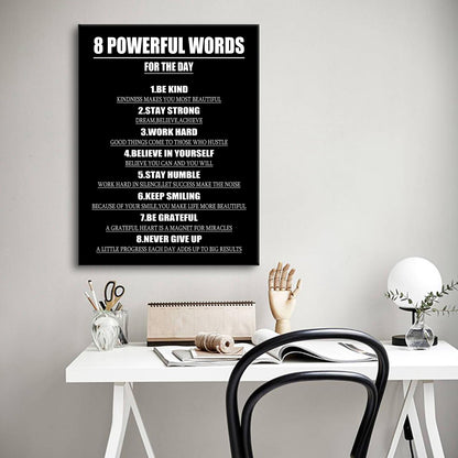 Motivational Canvas Wall Art 8 Powerful Words for The Day Success Quotes Poster Print Inspirational Picture Painting for Office Class Room School Wall Decoration Stretched and Framed [18''Wx24''H]