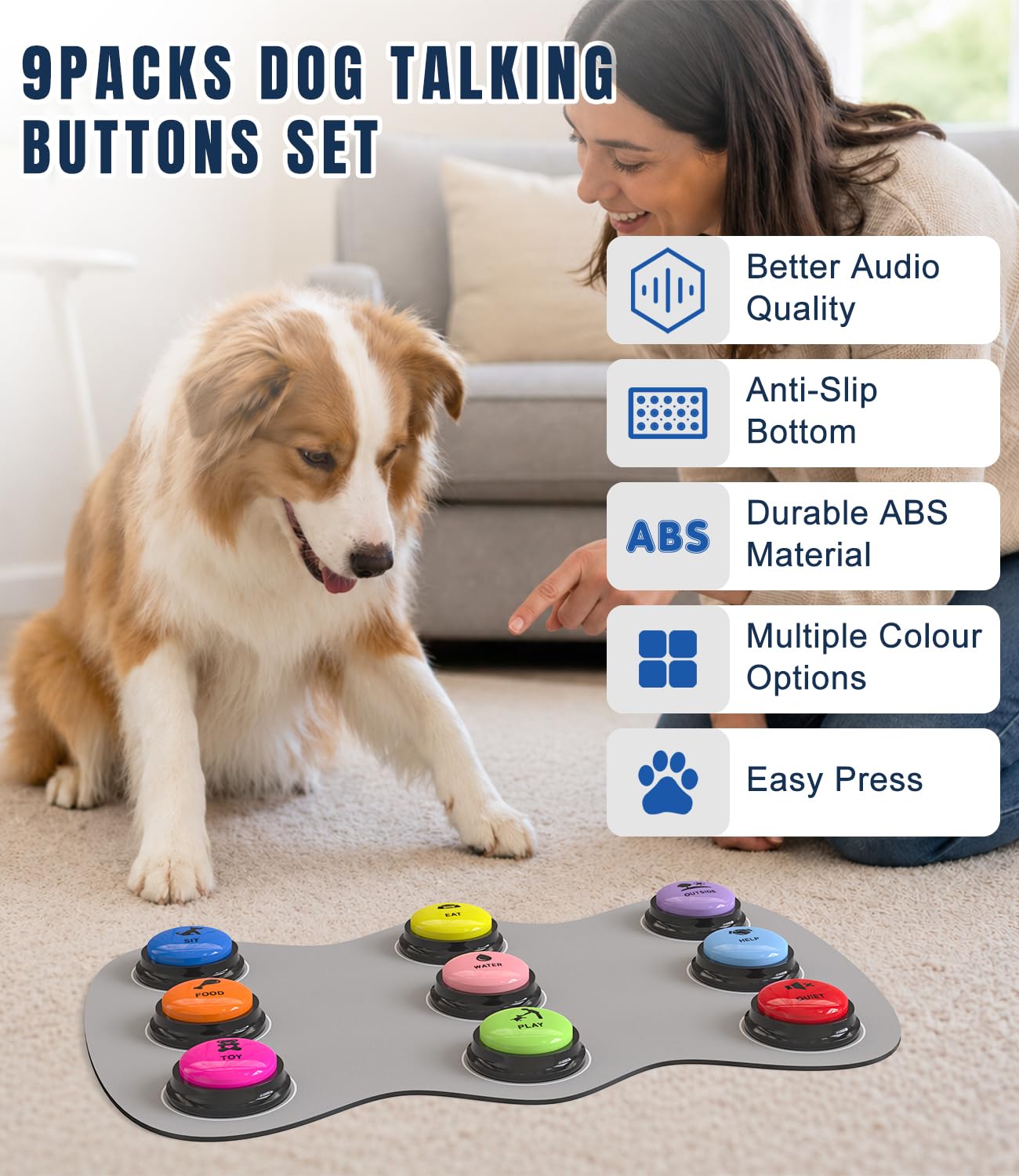 Acools Dog Buttons for Communication, 9 Pcs Recordable Talking Button Set with 30s Voice, Pet Training Buzzer Kit for Dogs and Cats, Waterproof Anti-Slip Mat, 48 Scene Stickers for Outside/Food/Play