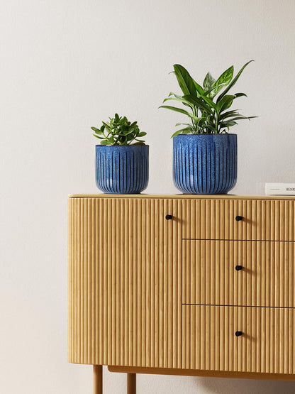 LE TAUCI Ceramic Plant Pots, 8.3/7/6 Inch Indoor Planters with Drainage Holes & Mesh, Modern Glossy Glaze Cylinder Fluted Flower Pot for Snake Plant, Set of 3, Harbor Blue