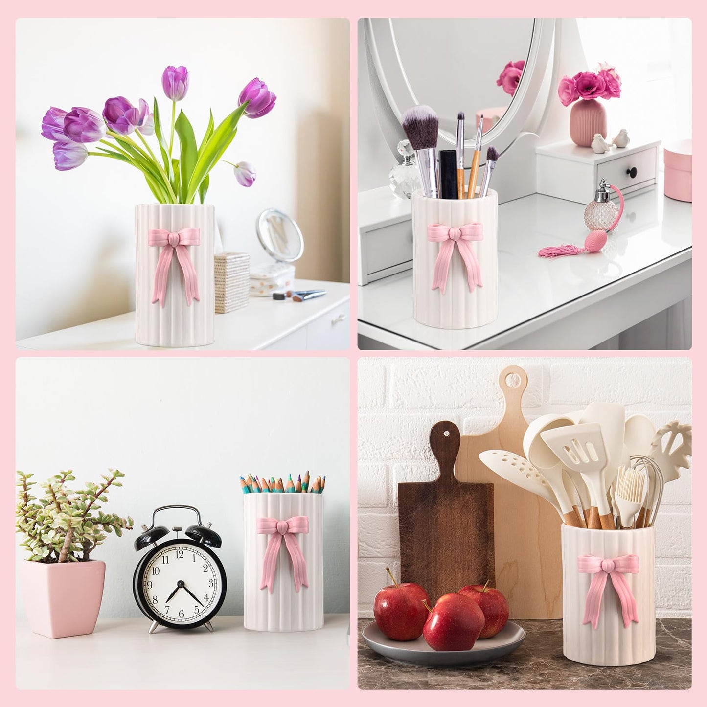 LemonRoad Pink Bow Ceramic Utensil Holder 3D Coquette Handmade Pink Kitchen Decor Gifts for Mom Cooking Utensil Crock with Scalloped Preppy Caddy Pen Holder Vase Back to School