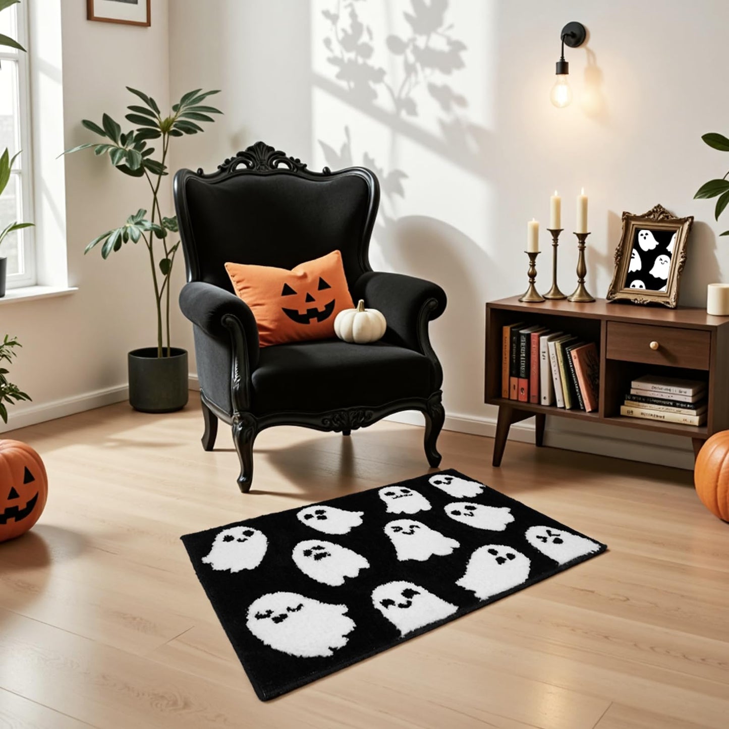 Lindameler Black Spooky Ghost Bath Mat - Black Gothic Bathroom Rug, Soft Plush Non-Slip Washable Ghost Bath Rug for Halloween Bathroom Decor, Machine Washable 20x31 Inch
