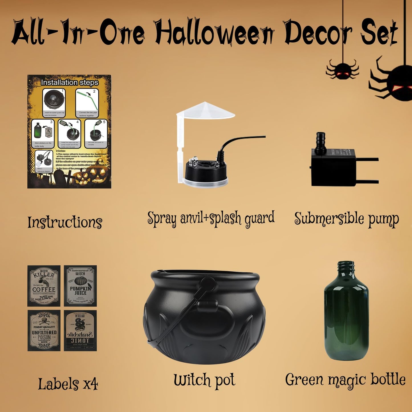 Halloween Decorations Indoor, Cauldron Halloween Decor Set with Magic Floating Potion Bottles Skeleton Mist Maker, Black Witches Cauldron Diffuser for Home Kitchen Mantel Party Decor