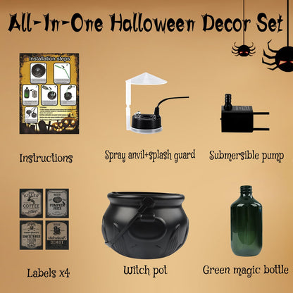 Halloween Decorations Indoor, Cauldron Halloween Decor Set with Magic Floating Potion Bottles Skeleton Mist Maker, Black Witches Cauldron Diffuser for Home Kitchen Mantel Party Decor