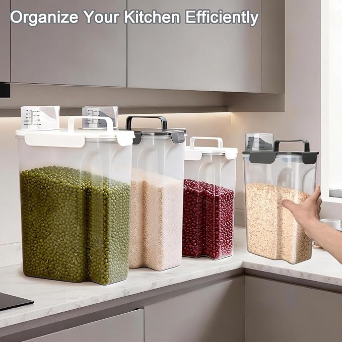 Komzon Rice Storage Containers, Airtight Cereal Containers Storage, with Pouring Spout Portable Handle for Flour, Pasta, Grain and Baking, Pet Dog Cat Bird Food Container 20lb White