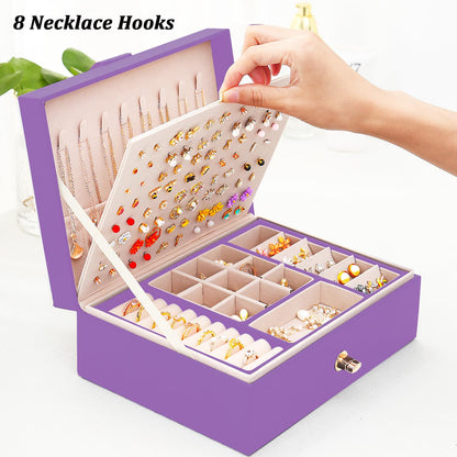 Earrings Jewelry Box for Girls, Large Capacity Jewelry Organizer with 40-Pair Earring Board, 2-Layer Leather Jewelry Storage Box for Necklaces Rings Bracelets with Removable Tray(Gift Idea),Purple