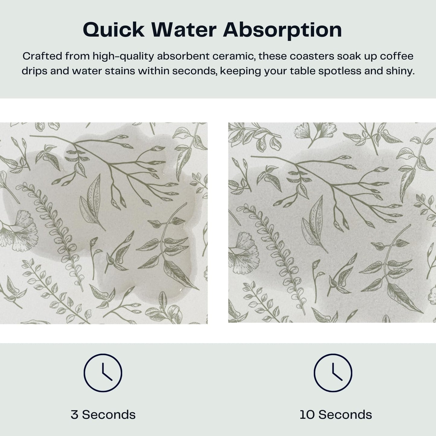 Hoomey Set of 6 Floral Sage and White Coasters with Holder, Absorbent Ceramic Drink Coasters with Cork Backing for Table Protection, Coffee Table Décor