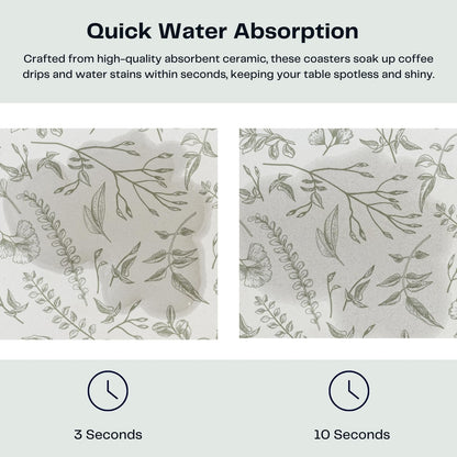 Hoomey Set of 6 Floral Sage and White Coasters with Holder, Absorbent Ceramic Drink Coasters with Cork Backing for Table Protection, Coffee Table Décor