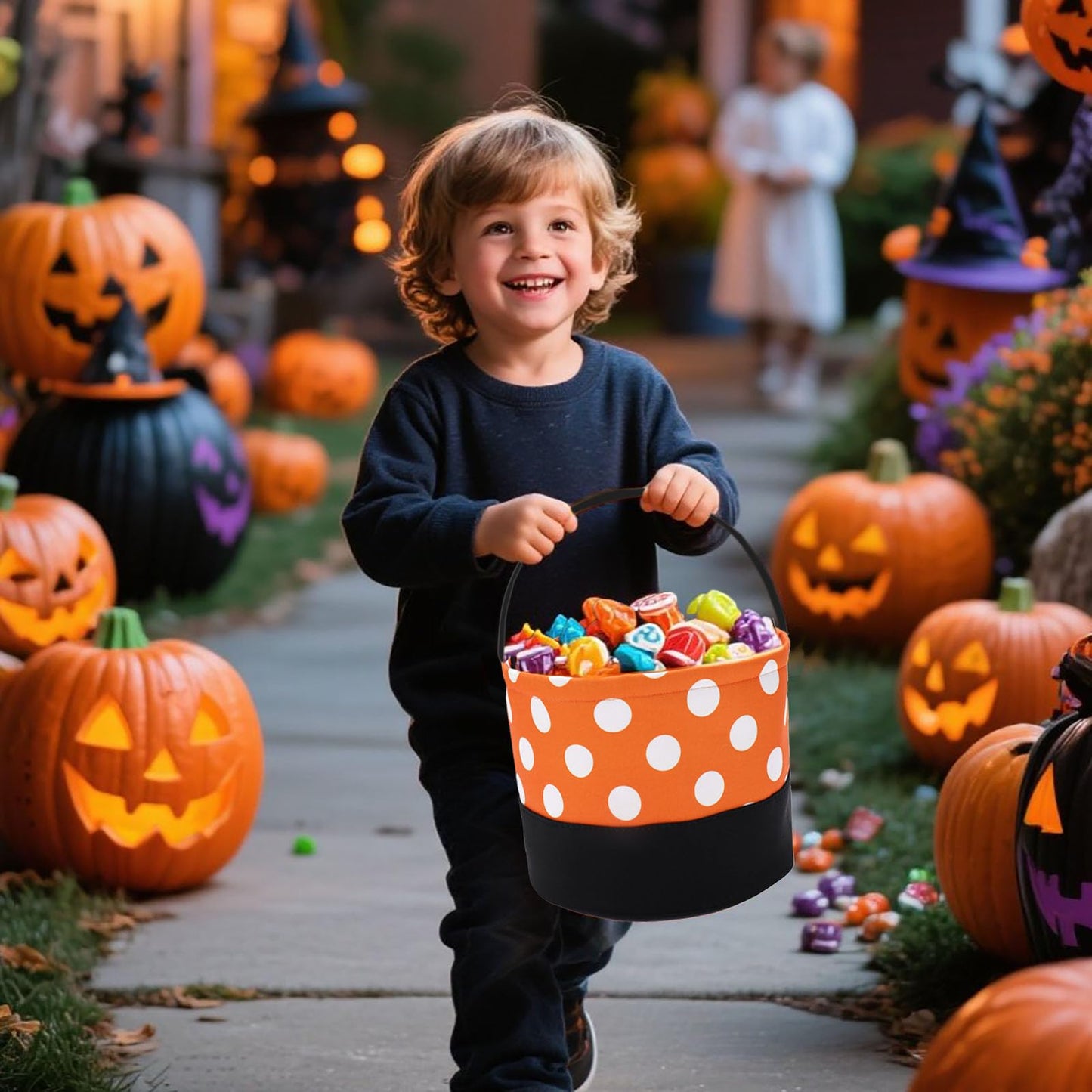 Halloween Candy Basket for Kids, Trick or Treat Bucket Boo Spooky Small Baskets for Girls/Boys Gift Baskets (Polka Dot)