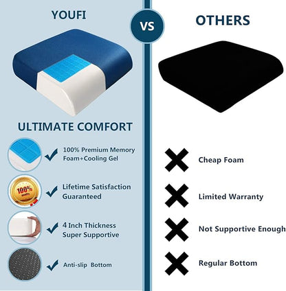 YOUFI Extra Thick Large Seat Cushion -19 X 17.5 X 4 Inch Gel Memory Foam Cushion with Carry Handle Non Slip Bottom - Pain Relief Coccyx Cushion for Wheelchair Office Chair (Blue (1PACK))