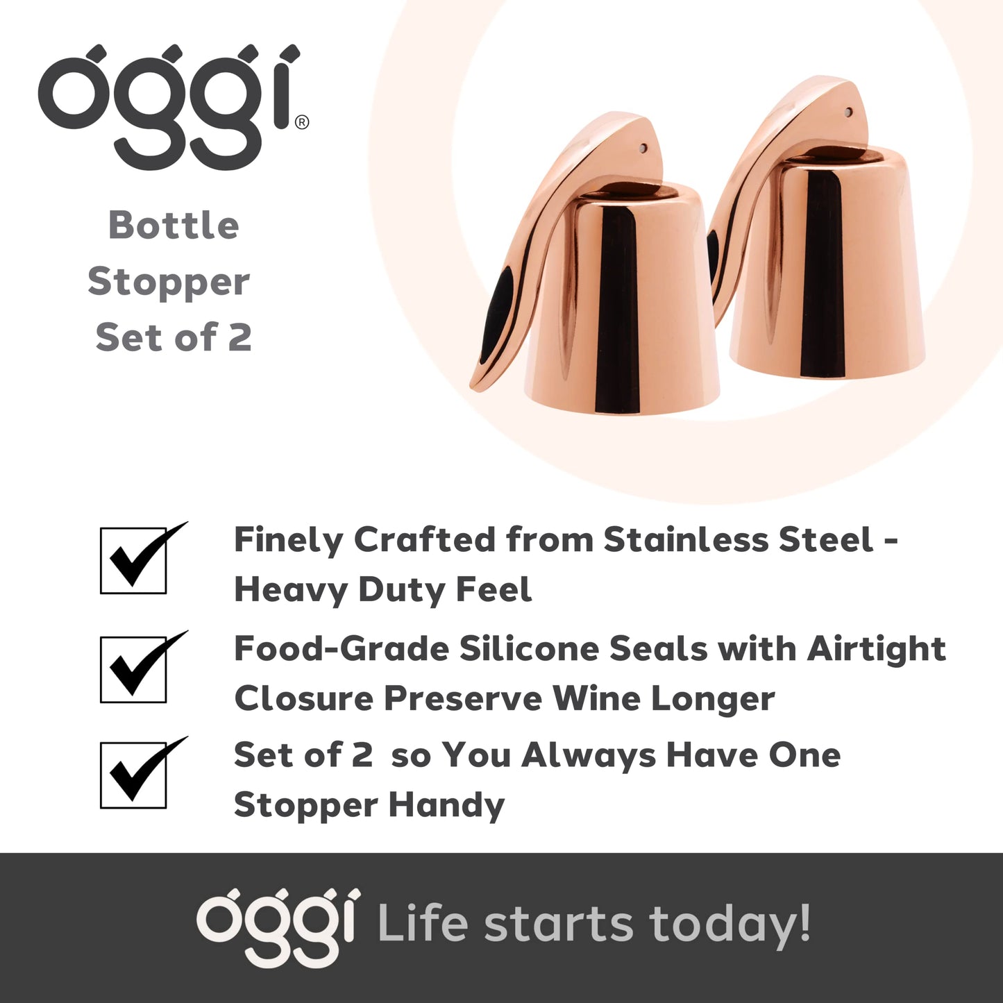 OGGI Bottle Stopper Set of 2 - Copper Plated Wine Topper Set - Stylish Wine Saver Stoppers with Airtight Wine Sealer Levers, Copper Plated