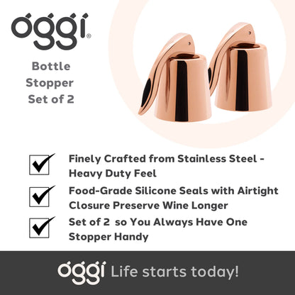 OGGI Bottle Stopper Set of 2 - Copper Plated Wine Topper Set - Stylish Wine Saver Stoppers with Airtight Wine Sealer Levers, Copper Plated