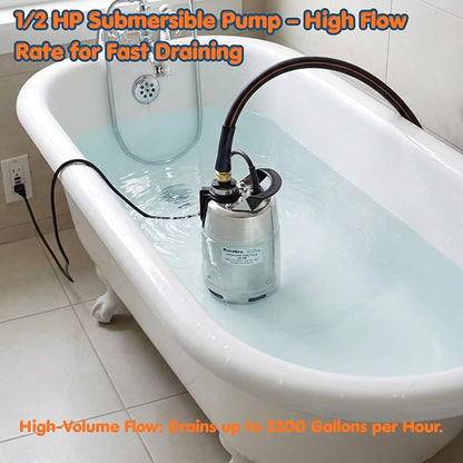 Submersible Sump Pump 1/2 HP 2300 GPH, Water Pump with Hose for Pool Draining, Portable Submersible Pump Handles Clean & Dirty Water, 25ft Power Cord, 3/4" GHT Adapter