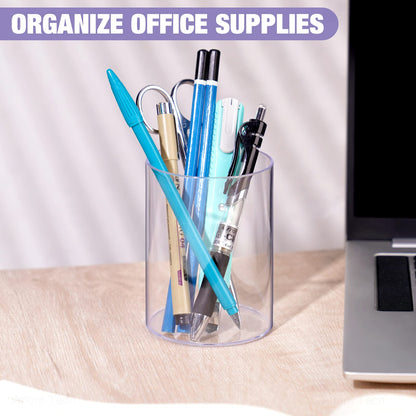 NiOffice Clear Acrylic Desk Organizer Set - 9 Pack Pen Pencil Holder, Stylish Round Makeup Brush and Stationery Storage Container, Ideal for Home, School and Office Supplies