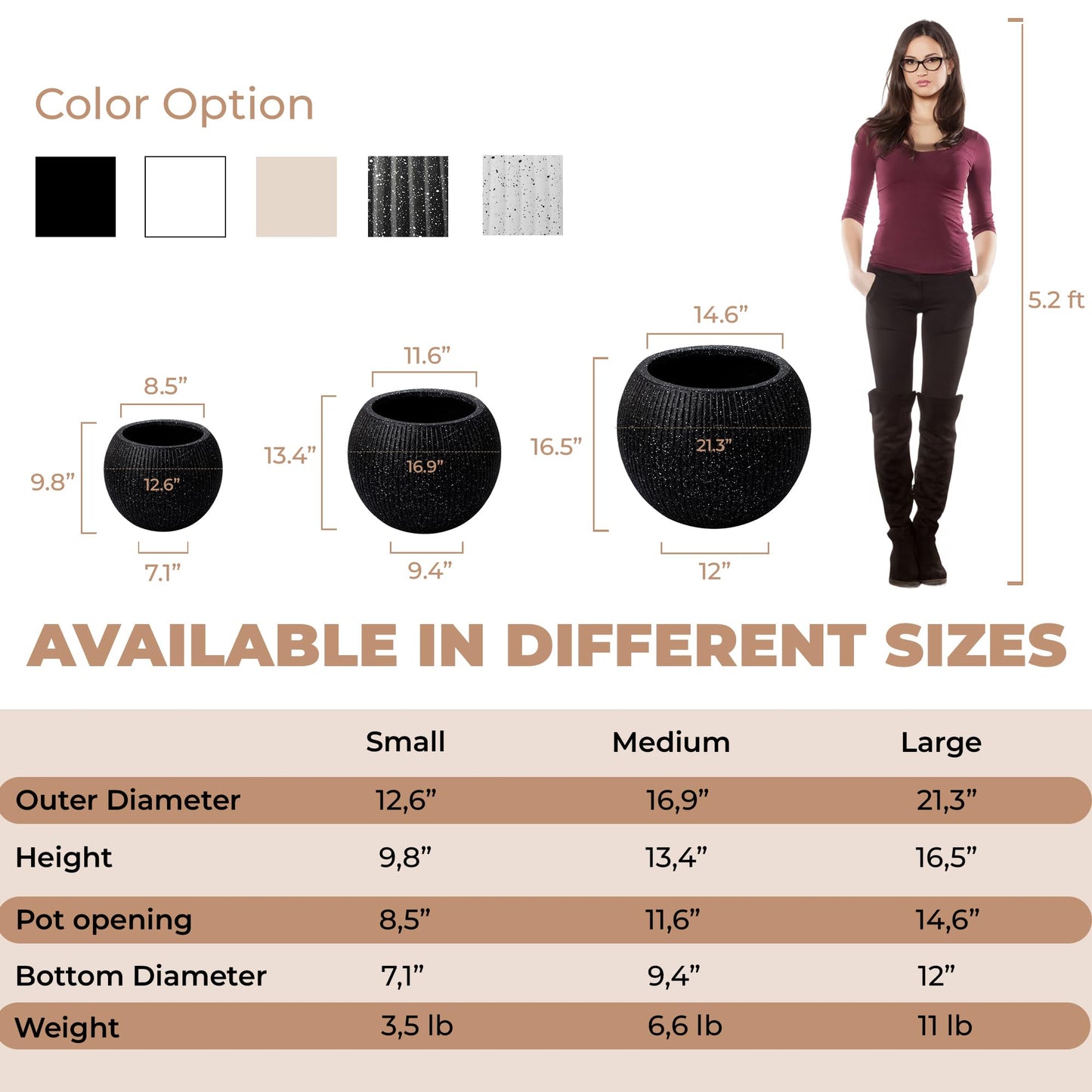 DEPLA LANE Marlo Fiberstone Round Planter (8.5" Pot Opening x 12..6"D x 9.8"H) Ribbed Finishes, Lightweight, Durable, UV Resistant, Modern Minimalist Home Decor, Indoor Outdoor Pot (S, Ribbed Black)