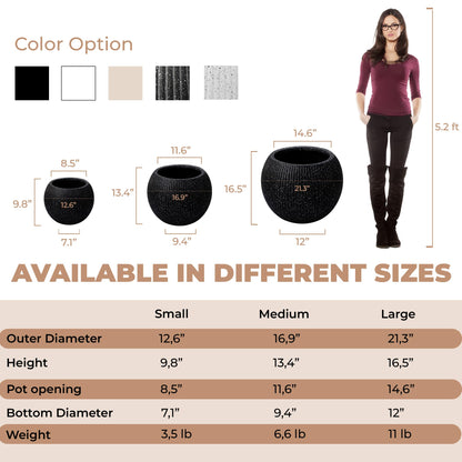 DEPLA LANE Marlo Fiberstone Round Planter (8.5" Pot Opening x 12..6"D x 9.8"H) Ribbed Finishes, Lightweight, Durable, UV Resistant, Modern Minimalist Home Decor, Indoor Outdoor Pot (S, Ribbed Black)