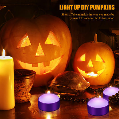 Riakrum 6 Pieces Halloween Remote Timer LED Lights with Remote Summer Halloween LED Pumpkin Lights Battery Operated Lantern Bright Flameless Candle(Purple,Purple Light)