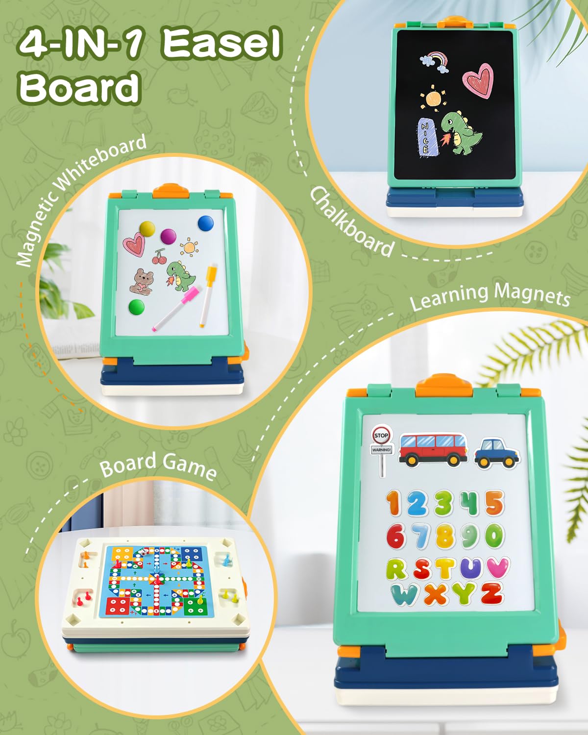 Elovien Easel for Kids,Tabletop Easel for Toddler, Foldable 4 in 1 Double Sided Kids Art Easel with Chalkboard & Magnetic Whiteboard,Portable Desktop Drawing Board - Gift for Boys and Girls (Green)
