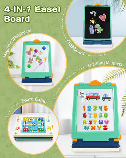 Elovien Easel for Kids,Tabletop Easel for Toddler, Foldable 4 in 1 Double Sided Kids Art Easel with Chalkboard & Magnetic Whiteboard,Portable Desktop Drawing Board - Gift for Boys and Girls (Green)