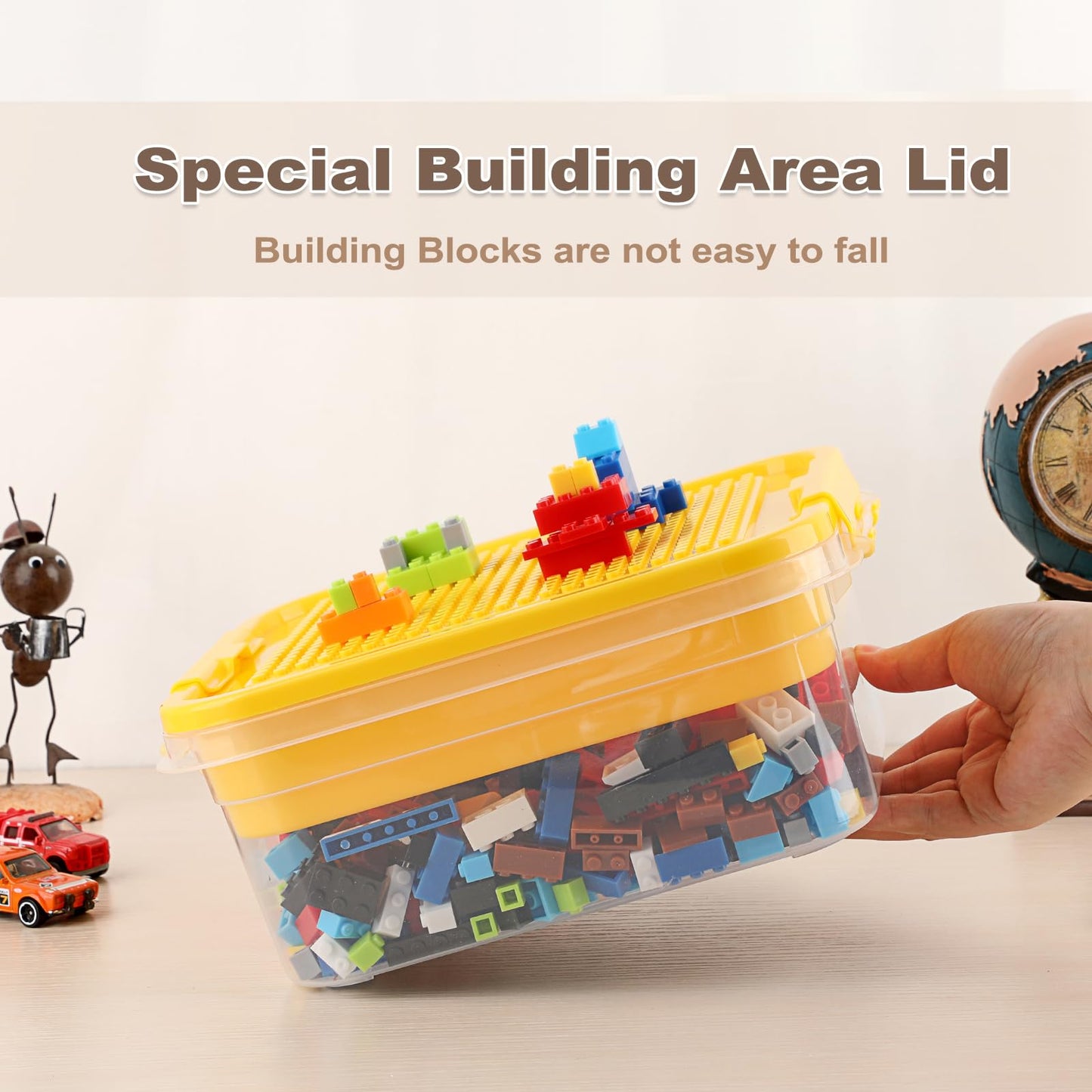 OGANAZI Plastic Storage Container with Bricks Baseplate Lid for Building Blocks, Bricks Building Set Organization Bin with Compartments Tray, Stackable Storage Box Building Block Chest Case (Yellow)