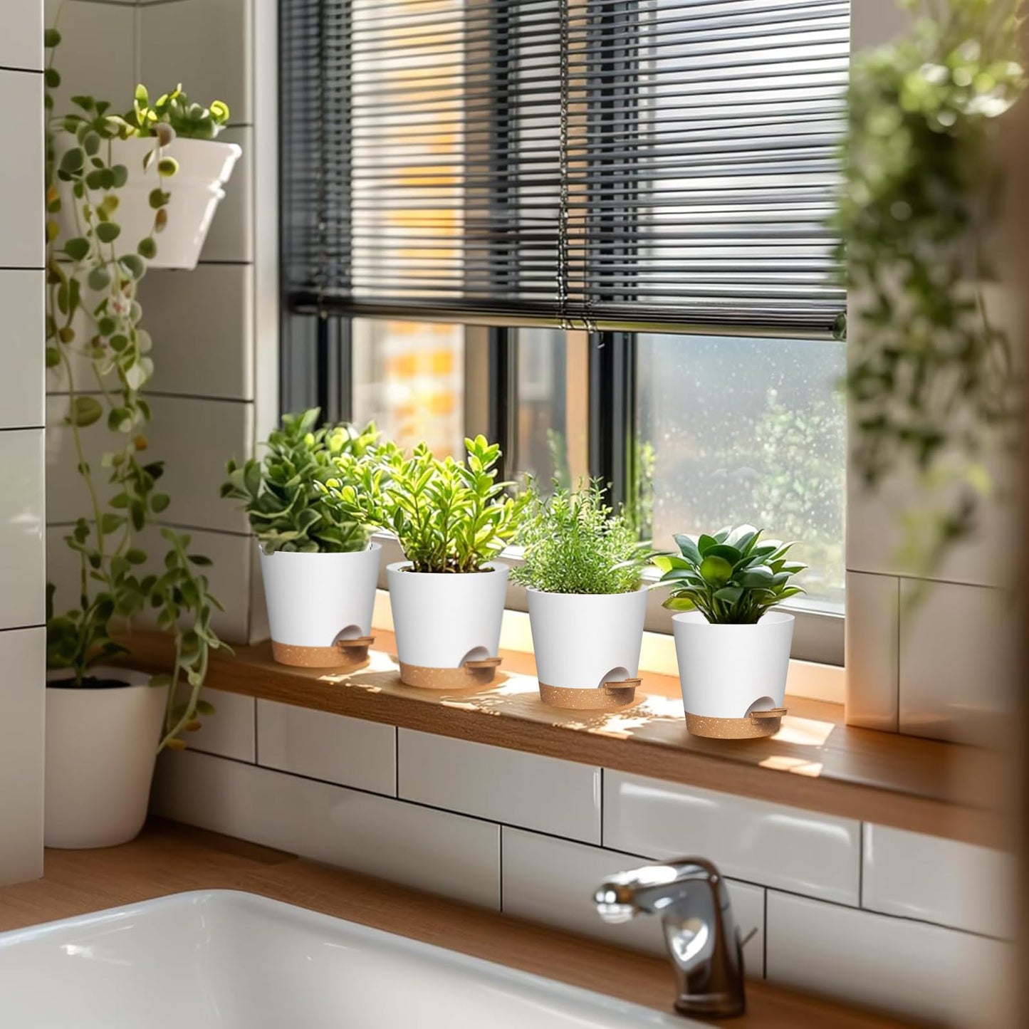WSMKSZ 4 inch Self Watering Pots for Indoor Outdoor Plants, 6 Pack Plastic Flower Planters with Drainage Holes and Removable Saucers, Plant Pots with Wicking Rope, Modern Decor, White Brown