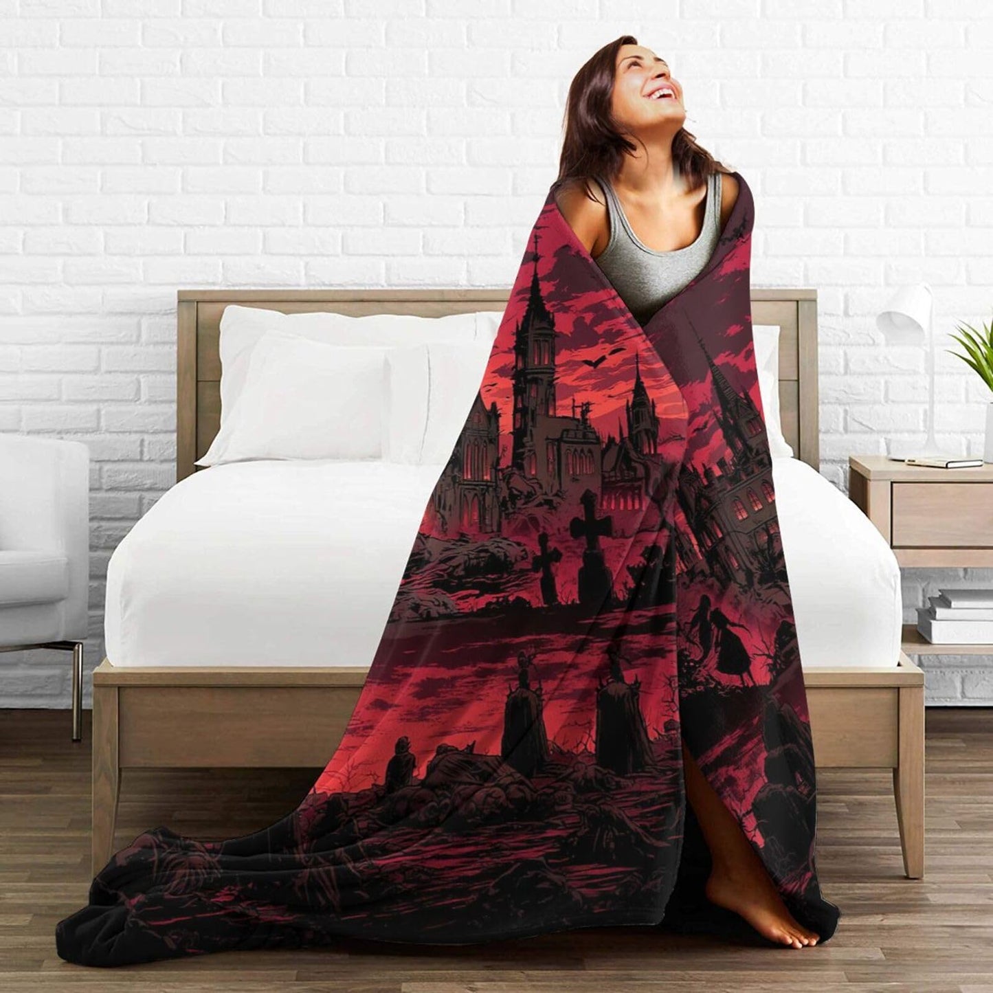 Gothic Blanket for Women Men, Super Soft Funny Cool Red Castle Halloween Gothic Bat Throw Blanket Gifts for Kids Adults, Warm Cozy Fuzzy Plush Fleece Flannel Goth Blankets 50"x40" for Couch Bedding