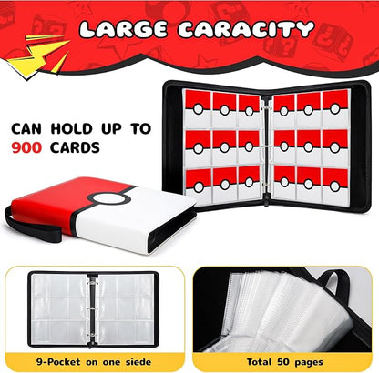Card Binder 9 Pocket, 900 Pockets Extra Large Trading Card Binder with Zipper, PU Leather Waterproof Card Album Holder, 3-Ring Collectible Card Book for TCG, MTG, Game Cards，Red & White