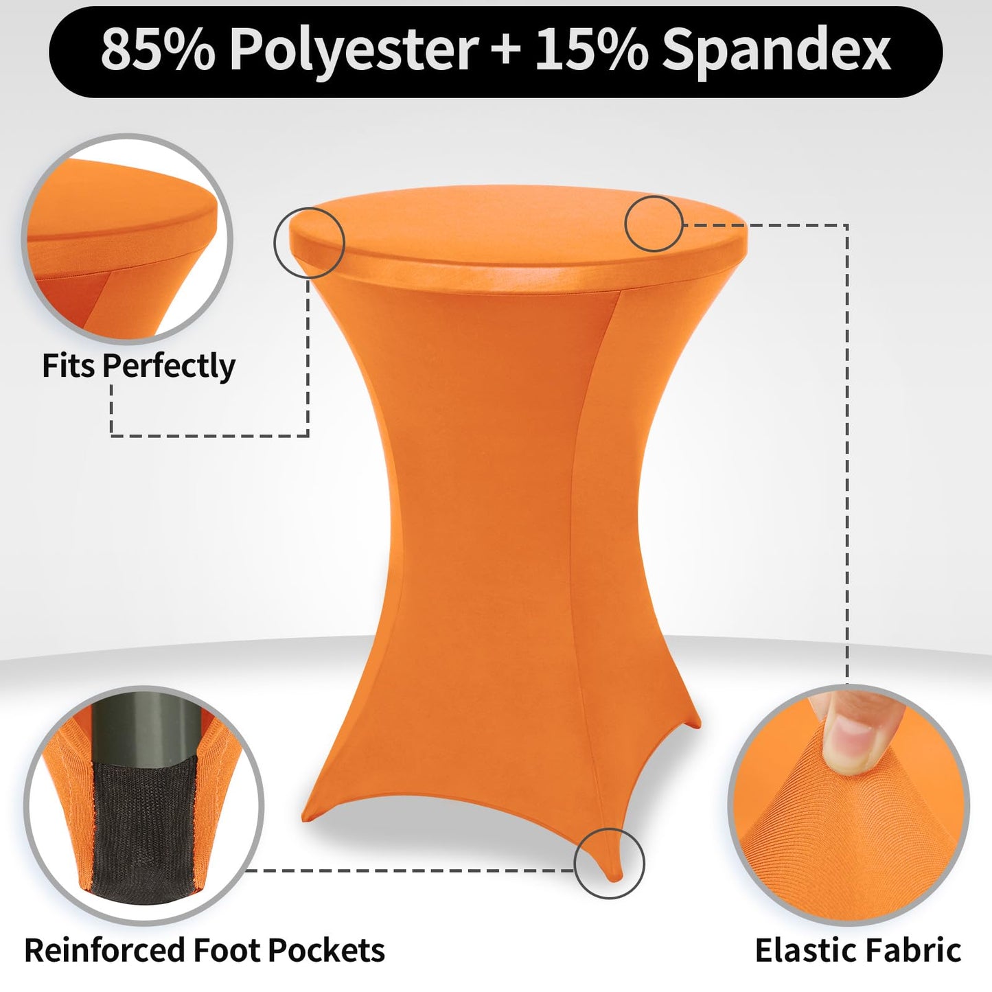 FestiCorp Spandex Orange Table Cover, Cocktail Fitted Tablecloths, Round Highboy Stretch Table Covers Cloths for Party, Bar, Halloween, Birthday, Banquet, 30"-32" Diameter x 40"-43" Height