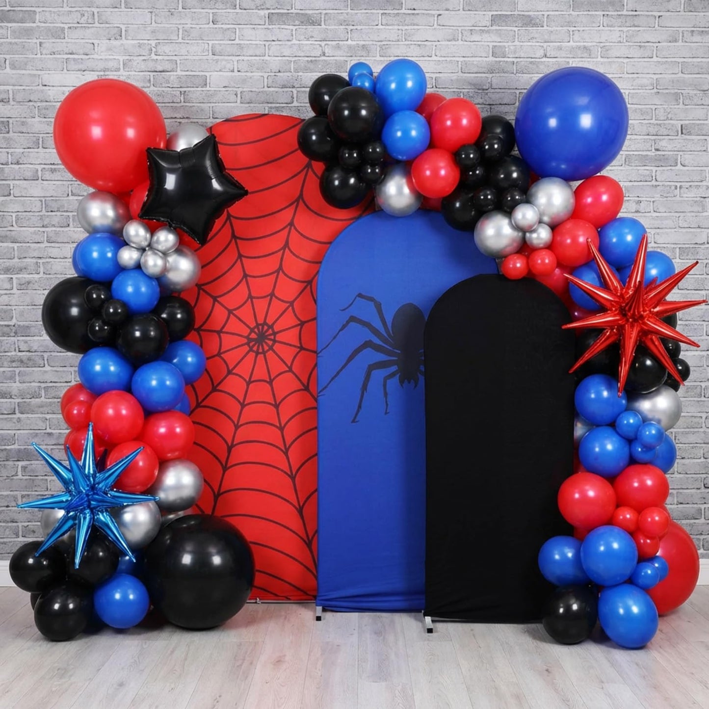Hillsuren 137 Pcs Spider Web Theme Party Decoration Kit 4ft, 5ft, 6ft Red Black Blue Spider Web Arch Cover Backdrop Balloons Glue Ribbon Strip for Birthday Baby Shower Wedding Photography Decor