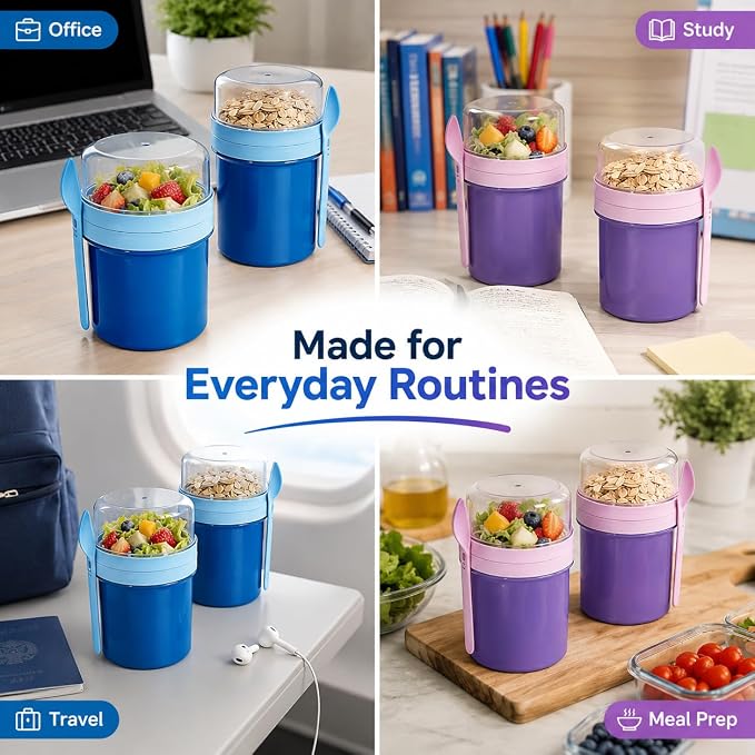 27oz Reusable Yogurt Parfait & Overnight Oats Cups – 100% Leakproof with Lid & Spoon, 4-Pack for Meal Prep, Breakfast & Gym Lunch(Purple,Blue)