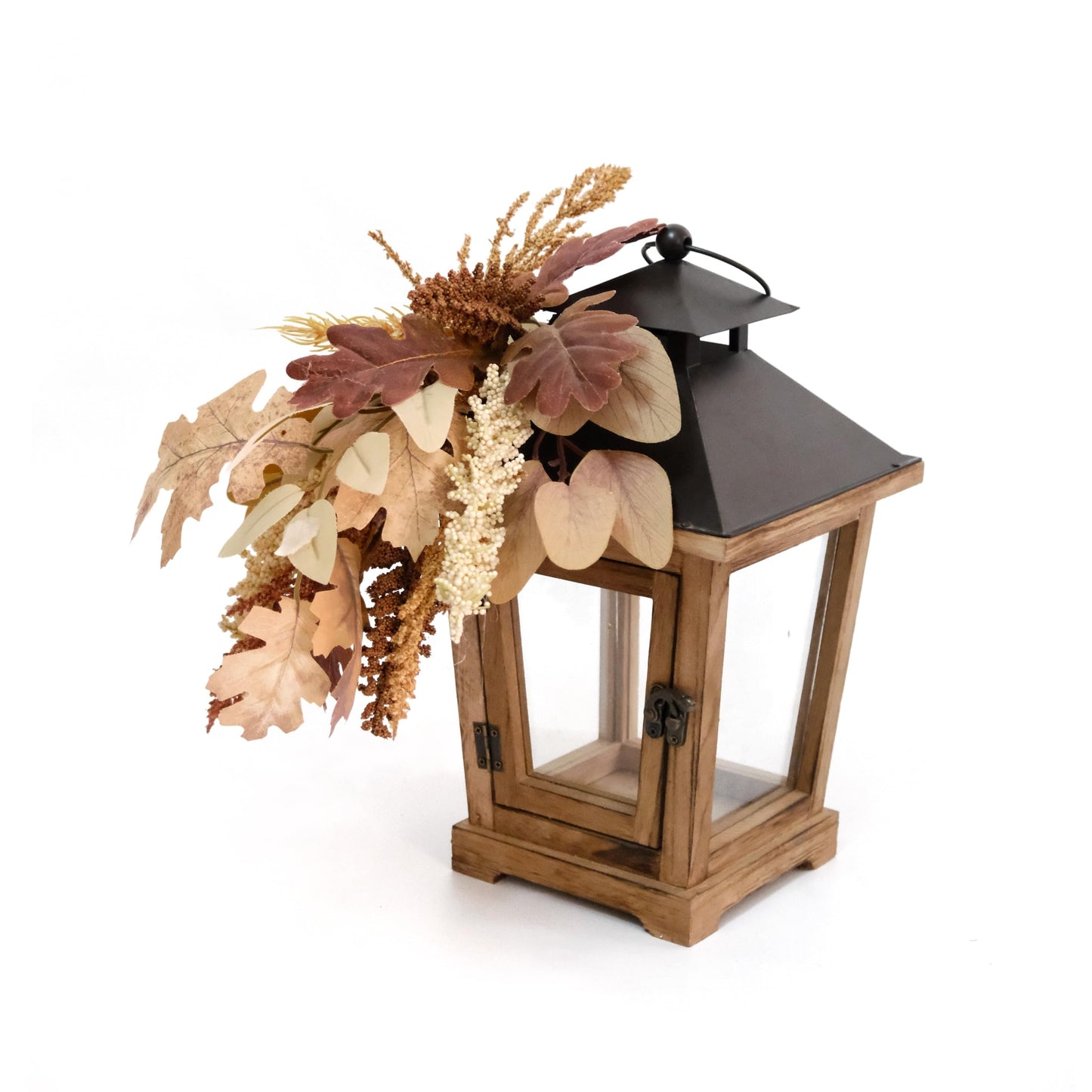 LushNook Fall Lantern Decoration, Large Wooden Hurricane Candle Lantern Decorated with Autumn Wheat Leaves, Fall Decor for Home, 14" Tall