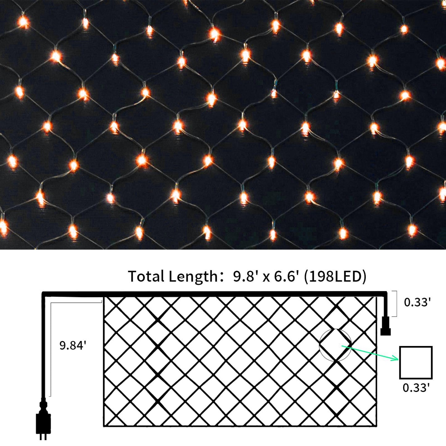 198 LED Orange Net Lights Outdoor Mesh Lights 9.8ft x 6.6ft for Garden, Lawn, Shrubs, Party, Wedding, Halloween Decorations, 8 Modes & Memory Function, Connectable, Blackish Green Wire-Orange