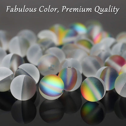 Matte Vitrail Medium Aurora Crystal Glass Beads, 6MM Frosted Glitter Shining Mermaid Round Loose Beads, Rainbow Holographic Synthetic Moonstone for Jewelry Making DIY Bracelet