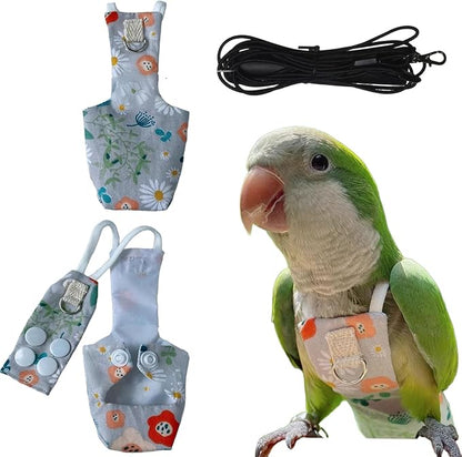 Snap-Closure Parrot Diaper Flight Suit for Cockatiels, Lovebirds & Medium Birds Cotton Washable Escape-Proof Harness with Leash Set(Cockatiel Diaper+1 Meter Rope)