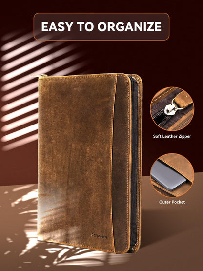 Carpetene Genuine Leather Portfolio, Professional Padfolio Binder Organizer with Zipper, Stylish Brown Cowhide Padfolio for Men Women, Leather Folio Folder for Business, Legal A4/Pad Holder Compatible