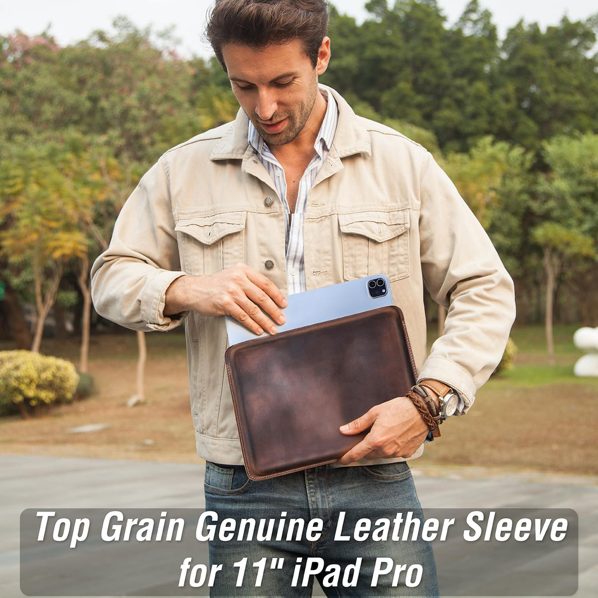 CataPurus Top Grain Leather 11" Sleeve Slim Protector Case for Tablet, Solid Vintage Design, Fully Handmade, Compatible with 10.5"/10.9"/11" iPad Pro/Air, 10.2" iPad 7th/8th/9th Gen, Coffee 11 Inch