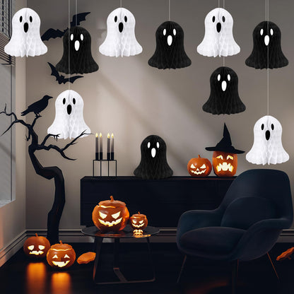 10 PCS Halloween Ornaments Hanging Cute White Black Ghost Honeycomb Decoration Halloween Tree Decorations Paper Ghost Table Decor for Home Office Classroom Holiday Party Supplies