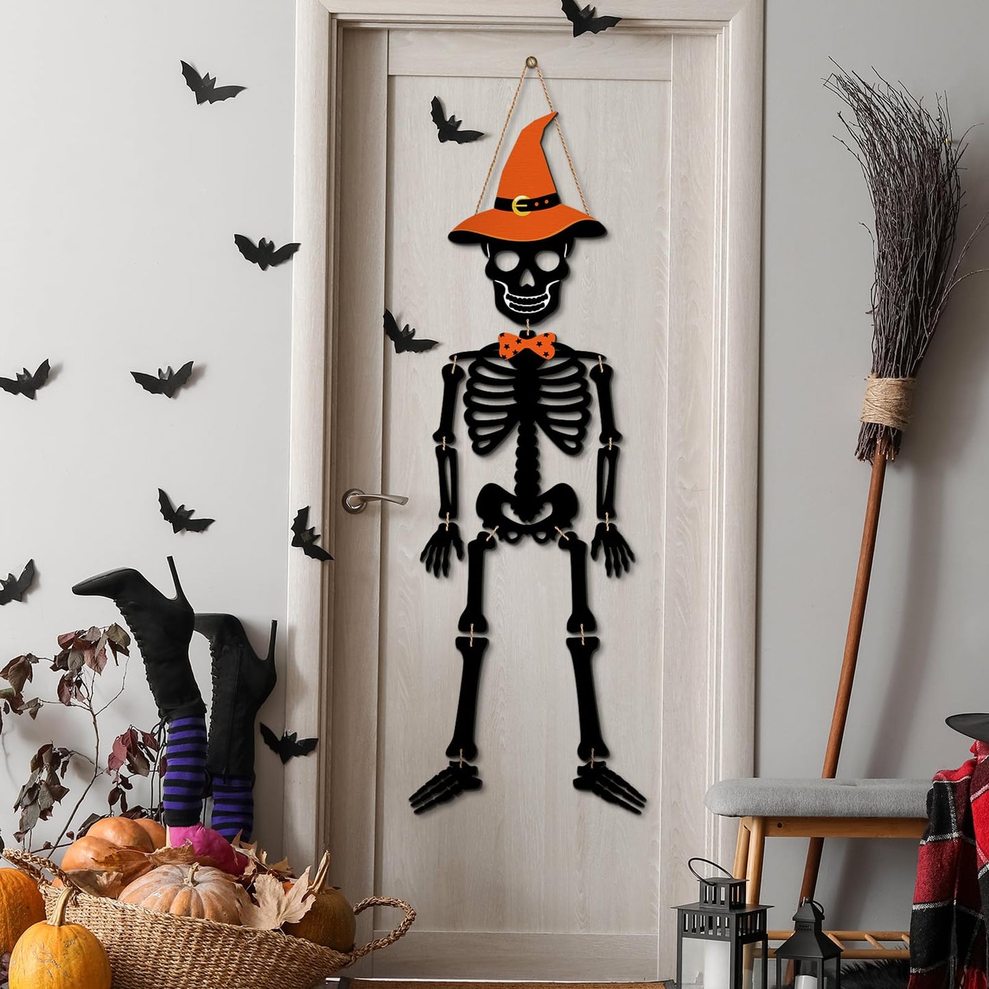Wesiti Skeleton Halloween Door Hanger Skull Wooden Sign Halloween Skeleton Decorations Door Hanger Sign Rustic Front for Spooky House Wall Decorations