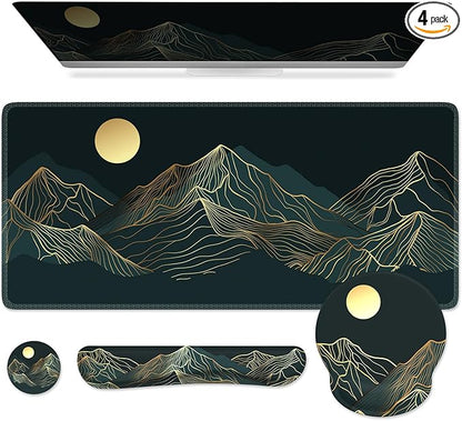 iCasso Large Mouse Pad, 4in1 XXL Mousepad + Keyboard Wrist Rest+Mouse Wrist Rest+Coaster Set with Ergonomic Design for Computer(Cyan-Mountain)