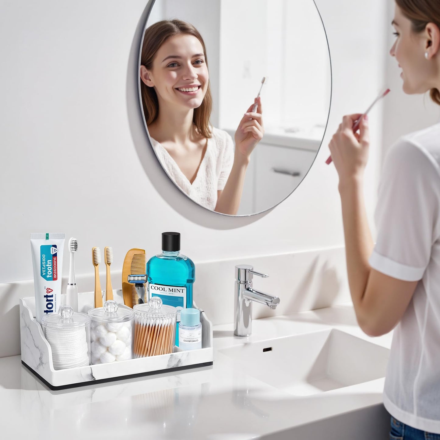 TuCao Bathroom Counter Organizer with 3PCS Qtip Holder, Marble Toothbrush Holders for Bathrooms, Bathroom Organizers and Storage with Drain Holes, Electric Toothbrush Holder, Vanity Organizer