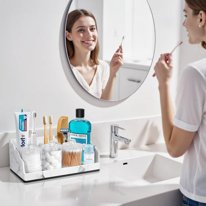 TuCao Bathroom Counter Organizer with 3PCS Qtip Holder, Marble Toothbrush Holders for Bathrooms, Bathroom Organizers and Storage with Drain Holes, Electric Toothbrush Holder, Vanity Organizer